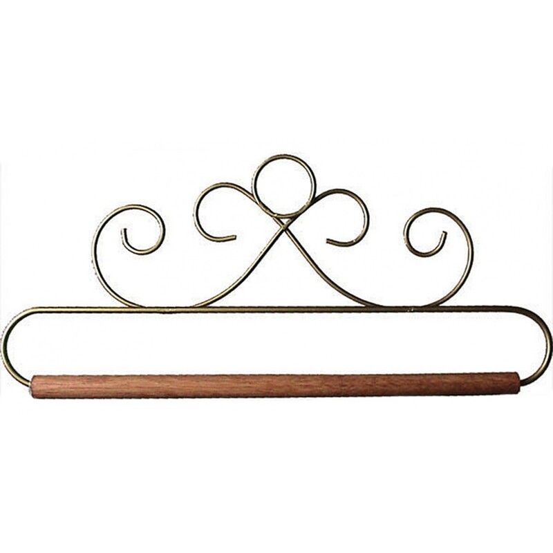 A metal craft holder in a gold french curl style with a wooden dowel at the bottom, isolated on a white background.