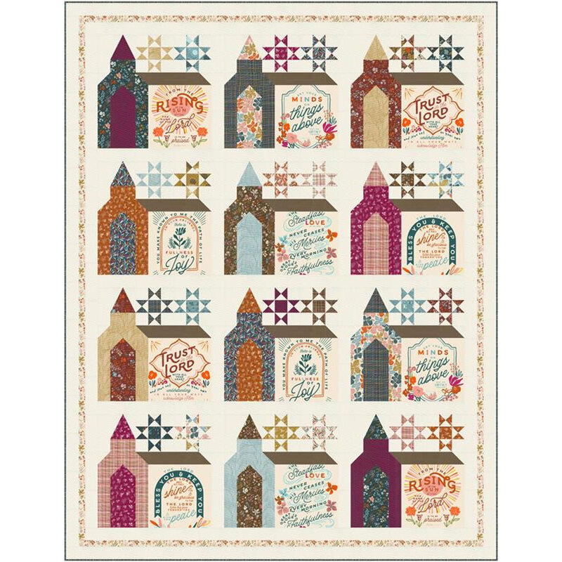 A quilt design featuring colorful church and star patterns with uplifting phrases isolated on a white background