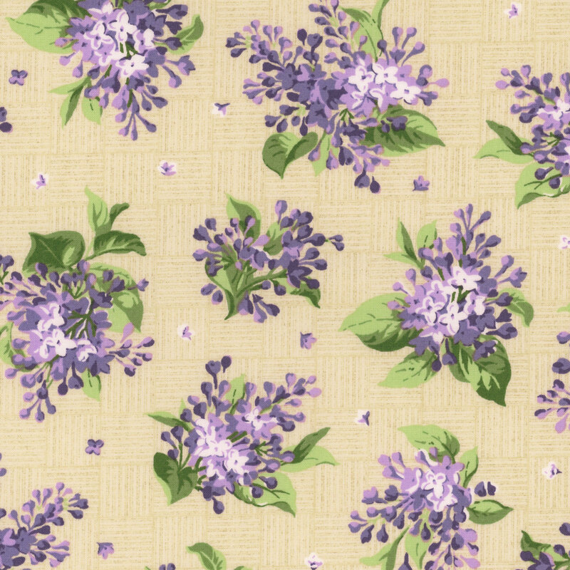 Bouquets of lilacs tossed on a cream crosshatched fabric.