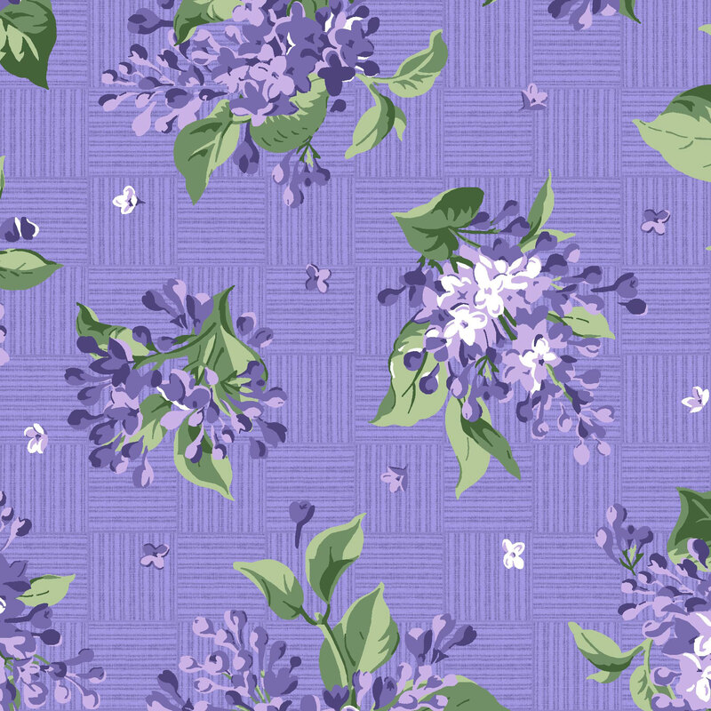 Bouquets of lilacs tossed on a purple crosshatched background.