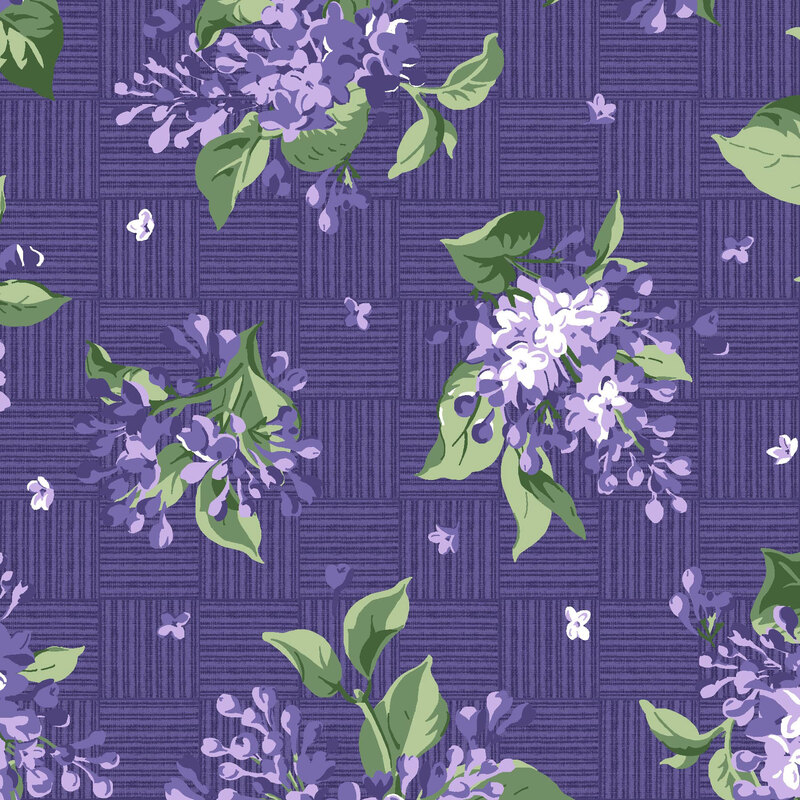 Bouquets of lilacs tossed on a dark purple crosshatched background.