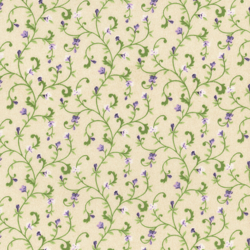 Curvy vines with individual lilac blooms on a cream background.