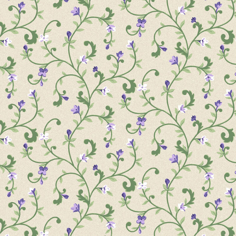 Curvy vines with individual lilac blooms on a cream background.