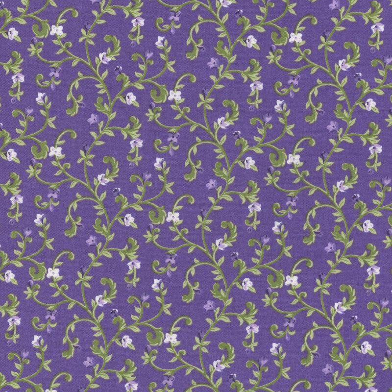 Curvy vines with individual lilac blooms on a purple fabric.