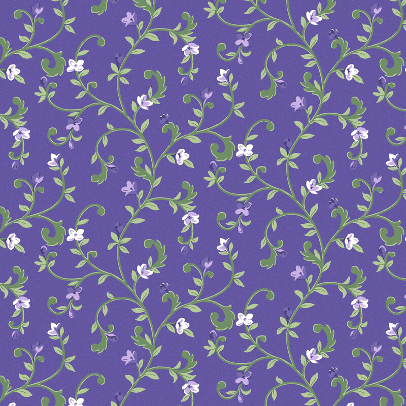 Curvy vines with individual lilac blooms on a purple background.