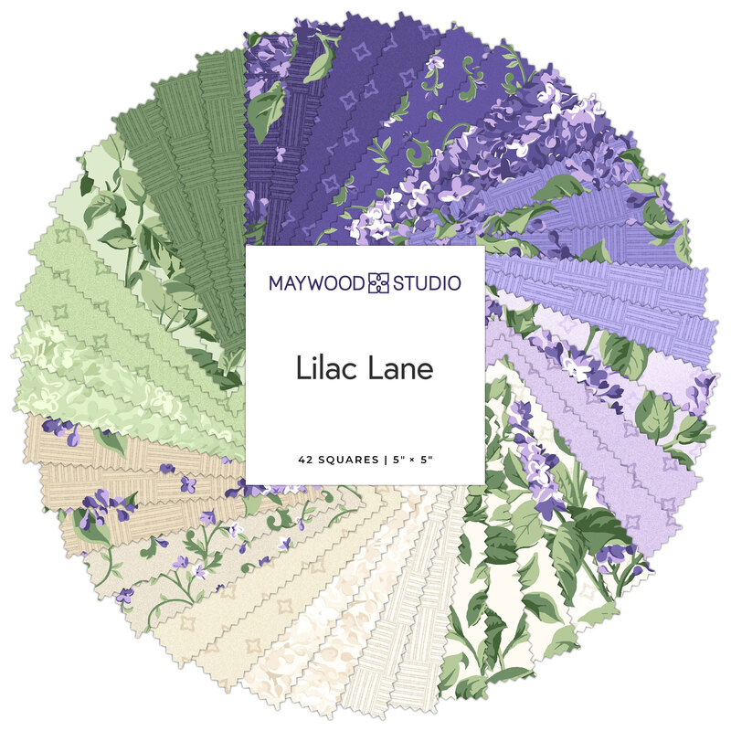 A spiral collage of the floral fabrics included in the Lilac Lane 5