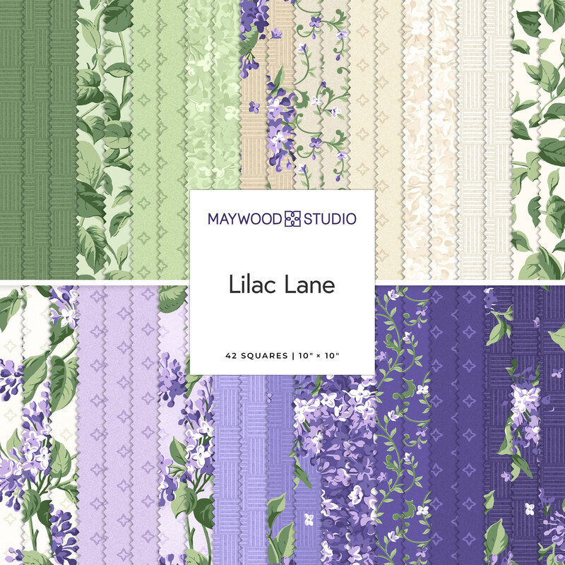 A stacked collage of the floral fabrics included in the Lilac Lane 10