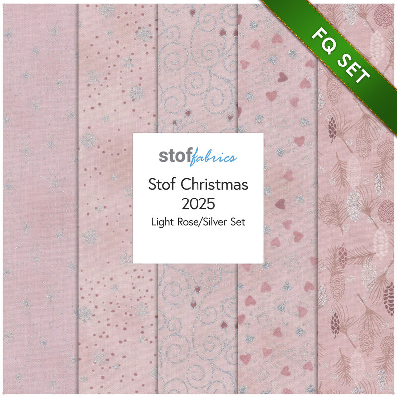 Collage of the five fabrics included in the 5 FQ Set Light Rose/Silver by Stof Fabrics.