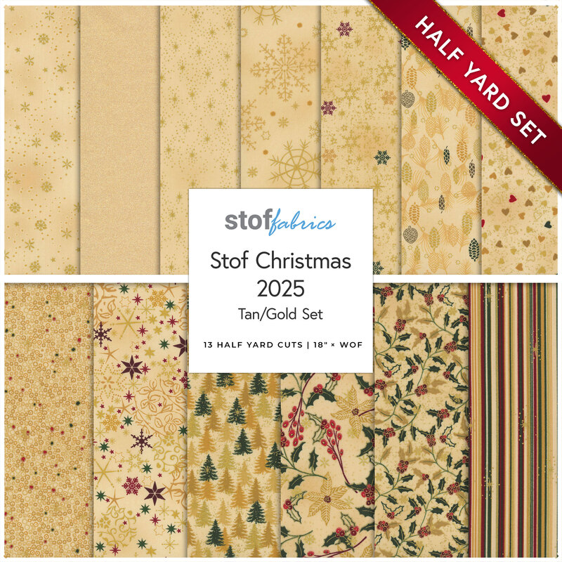 Collage of the thirteen fabrics included in the 13 Half Yard Set Tan/Gold by Stof Fabrics.