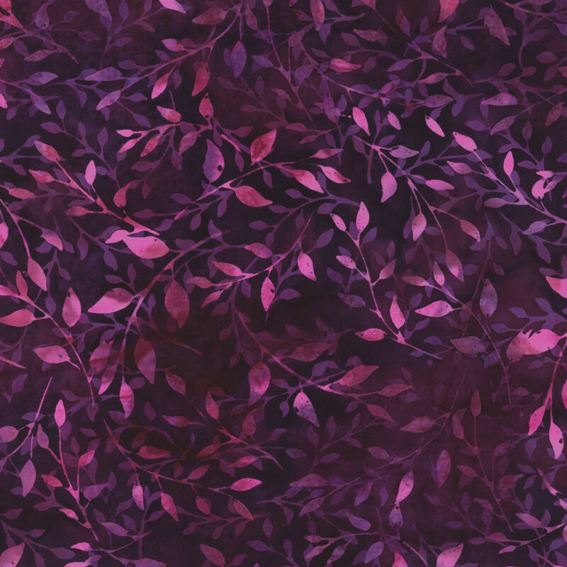 fabric pattern of purple leaves and vines