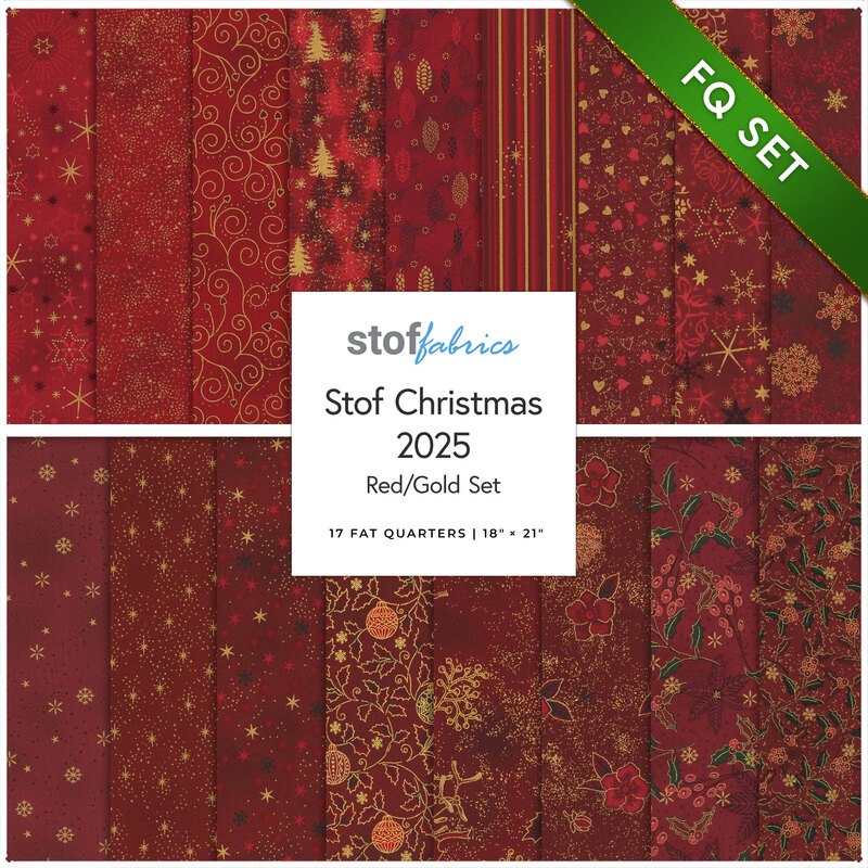 Collage of the seventeen fabrics included in the 17 Fat Quarter Set Red/Gold by Stof Fabrics.