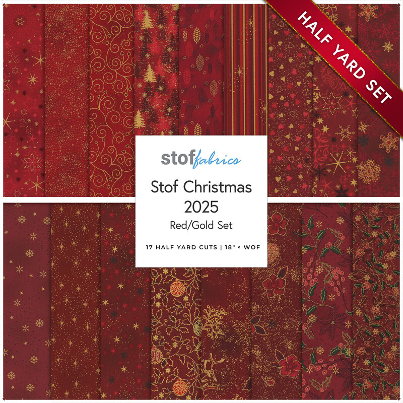 Collage of the seventeen fabrics included in the 17 Half Yard Set Red/Gold by Stof Fabrics.