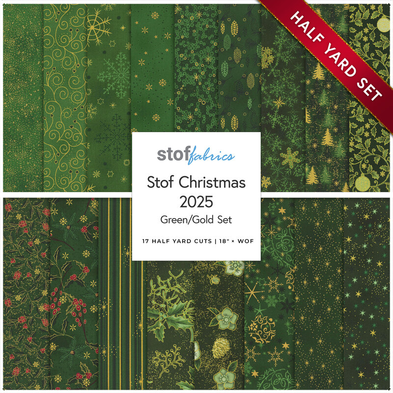 Collage of the seventeen fabrics included in the 17 Half Yard Set Green/Gold by Stof Fabrics.