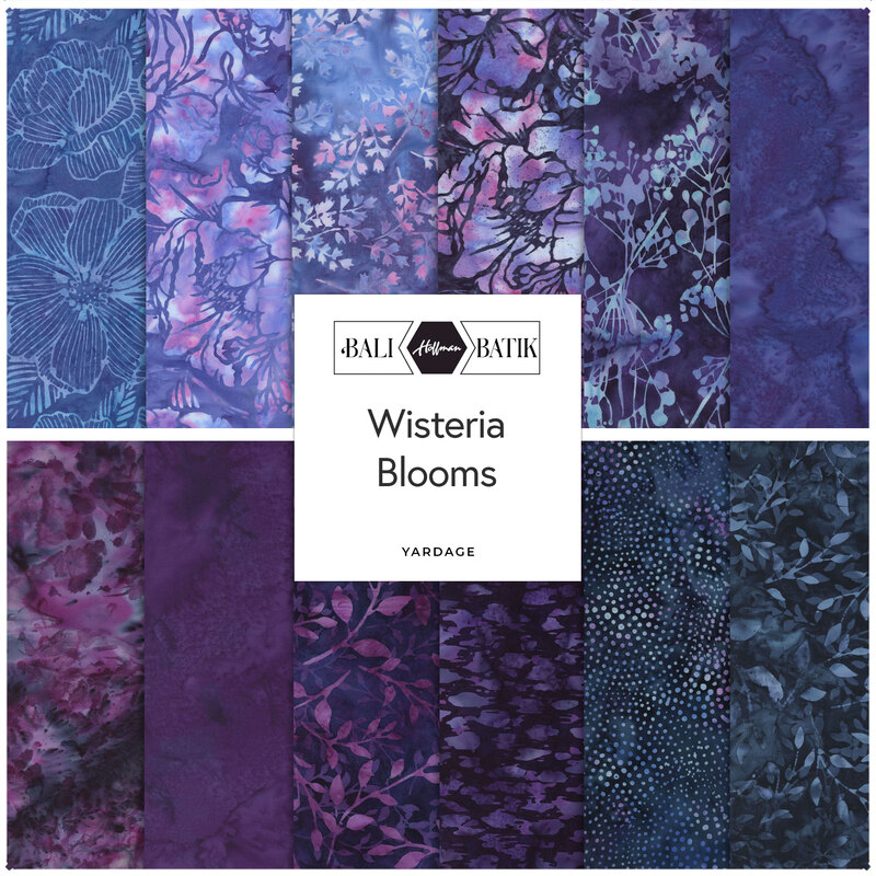 A collage of purple batik fabrics in the Wisteria Blooms collection.