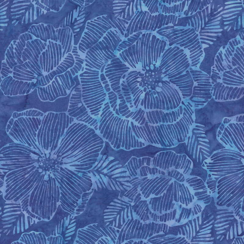 A deep blue fabric featuring intricate, outlined floral patterns in lighter blue tones.