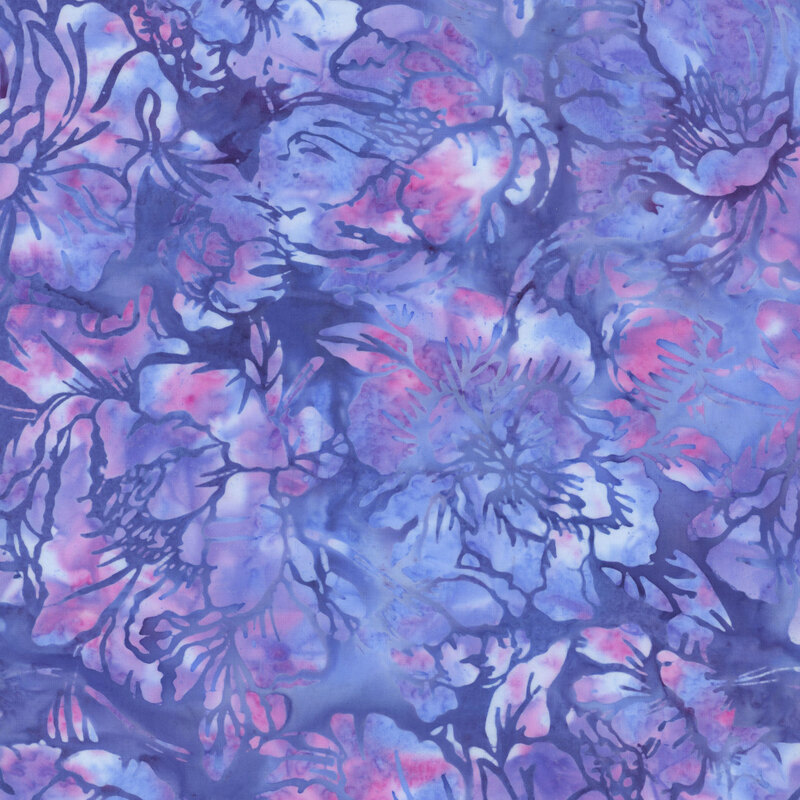 Mottled fabric featuring large florals in purple, blue and pink