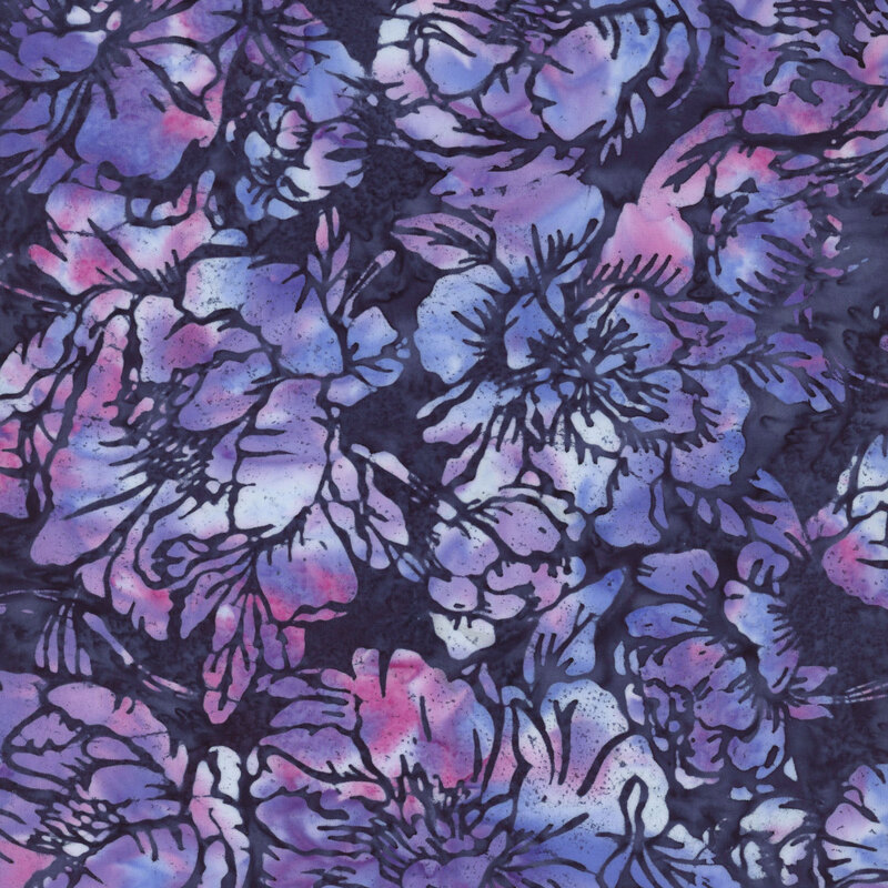 A vibrant floral pattern featuring large purple and blue flowers on a dark purple background.