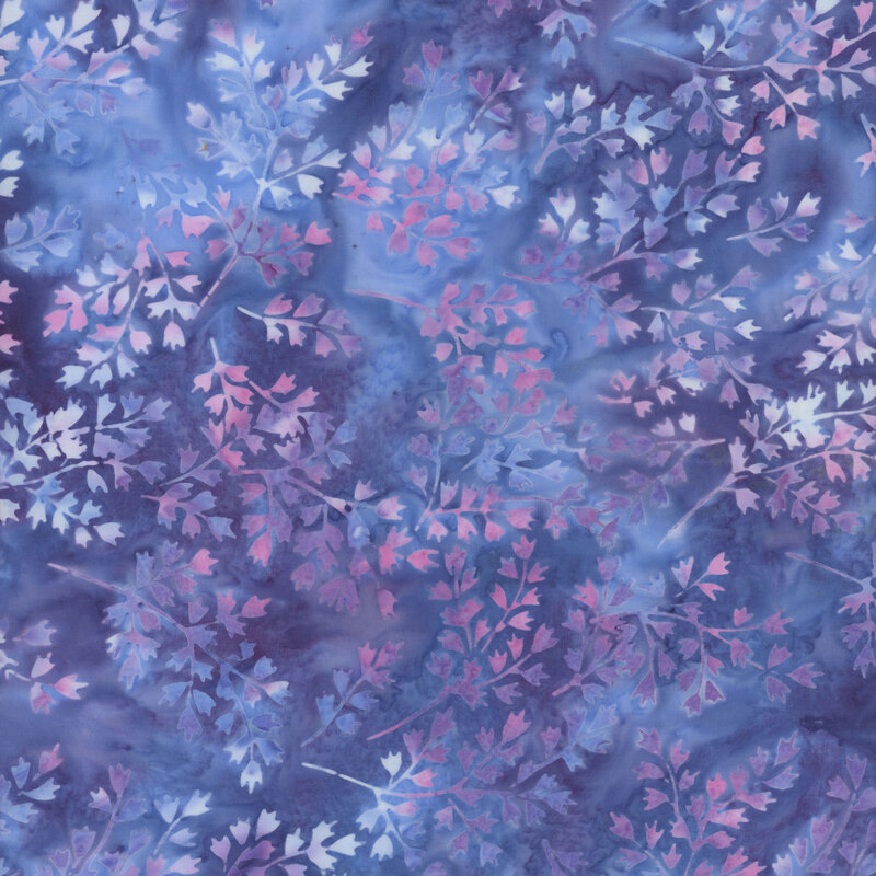 A pattern of delicate leaves in shades of blue, purple, and soft pink on a mottled periwinkle background.