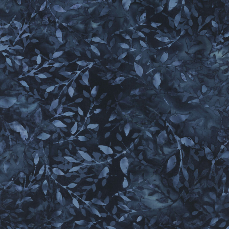 Dark blue fabric with a subtle pattern of overlapping vines and leaves.