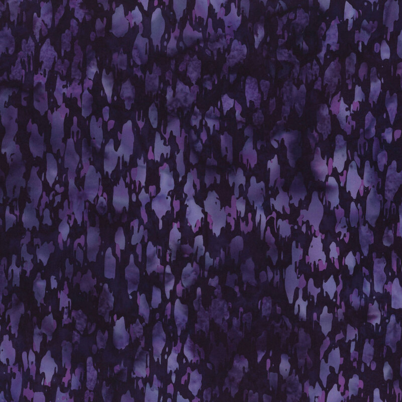 Abstract fabric pattern in shades of dark purple with irregular, lighter purple shapes.