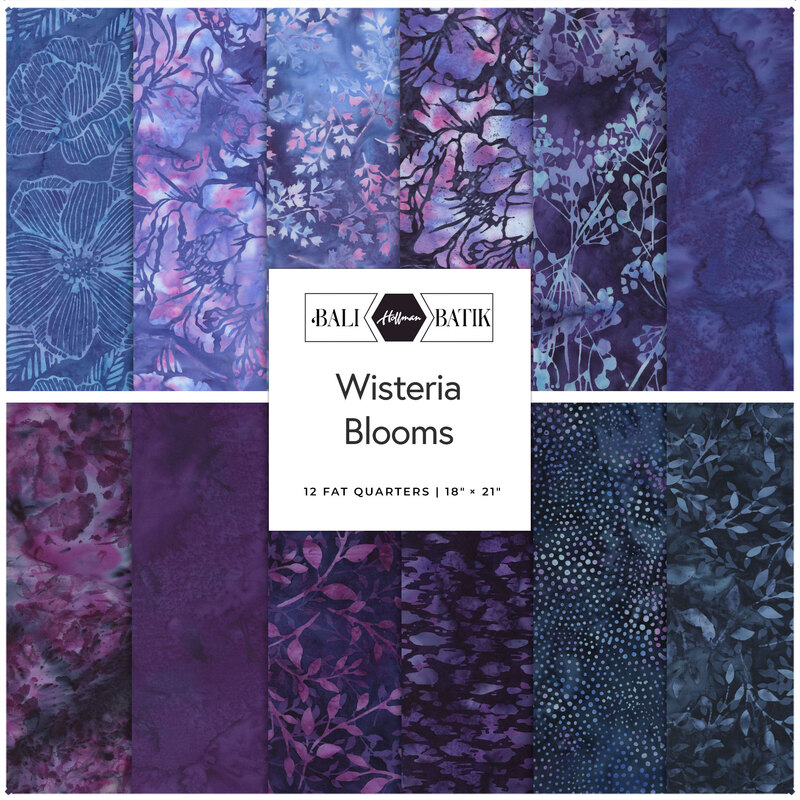 A collage of purple batik fabrics in the Wisteria Blooms fat quarter set