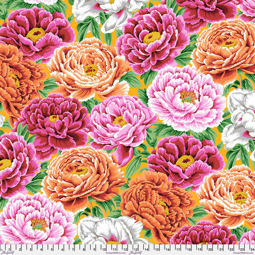 Colorful floral pattern featuring various peonies in shades of pink, orange, and white against a yellow background.