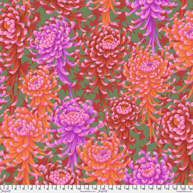 A vibrant floral pattern featuring various chrysanthemums in shades of pink, orange, and purple against a green background.