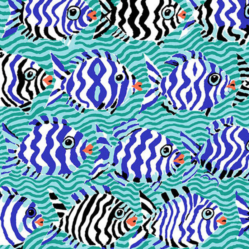 A colorful pattern of striped fish in blue, black, and white swimming over turquoise wavy water.