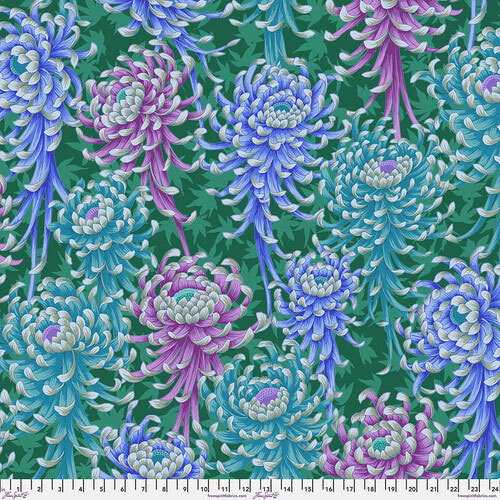 Pattern of colorful flowers in shades of blue and purple on a green background.