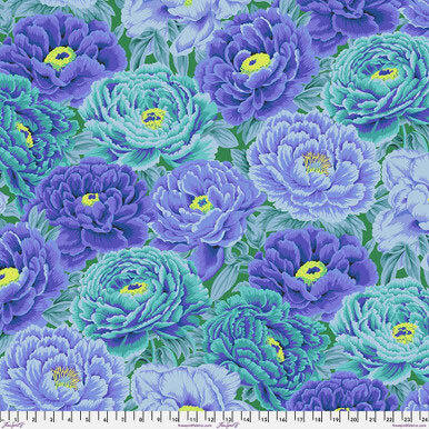 A vibrant pattern of purple and blue flowers with green leaves, creating a lush, floral design.