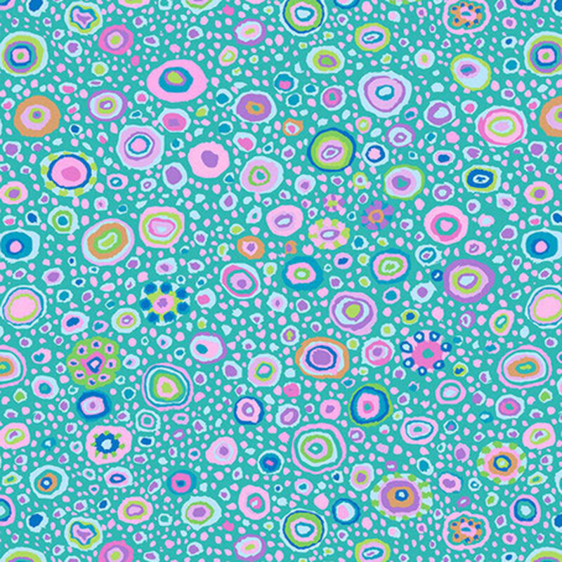 Colorful polka dots of varying sizes in shades of pink, green, and blue against a turquoise background.