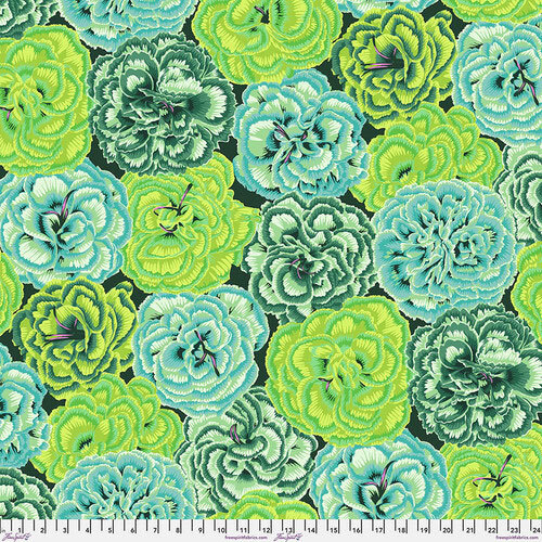 A colorful pattern of textured flowers in shades of green and blue against a dark background.