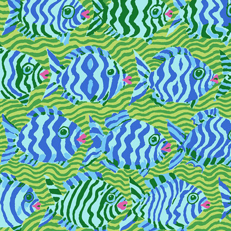 A vibrant pattern of blue and green fish with wavy stripes swimming against a textured background.