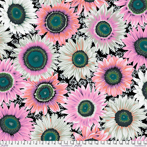 A vibrant textile pattern featuring multicolored flowers on a black background.