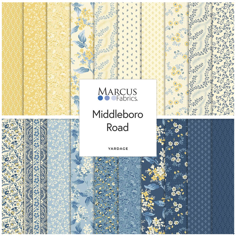 A collage of fabrics in the Middleboro Road collection featuring florals in shades of yellow and blue