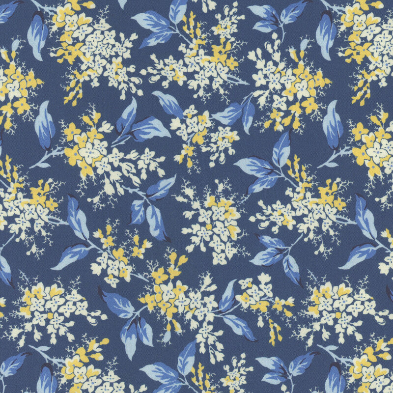 A floral pattern featuring white and yellow flowers on a blue background.