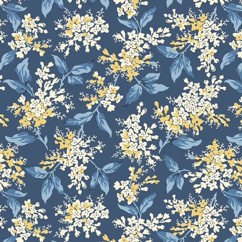 A floral pattern featuring white and yellow flowers on a blue background.