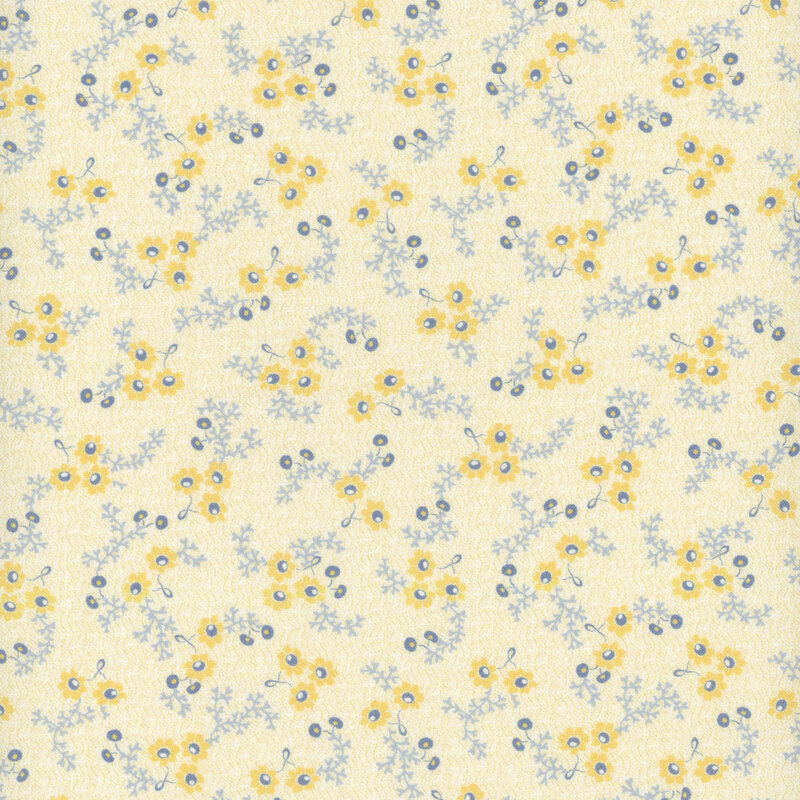 Fabric featuring small yellow flowers and blue leaves on a light cream background.