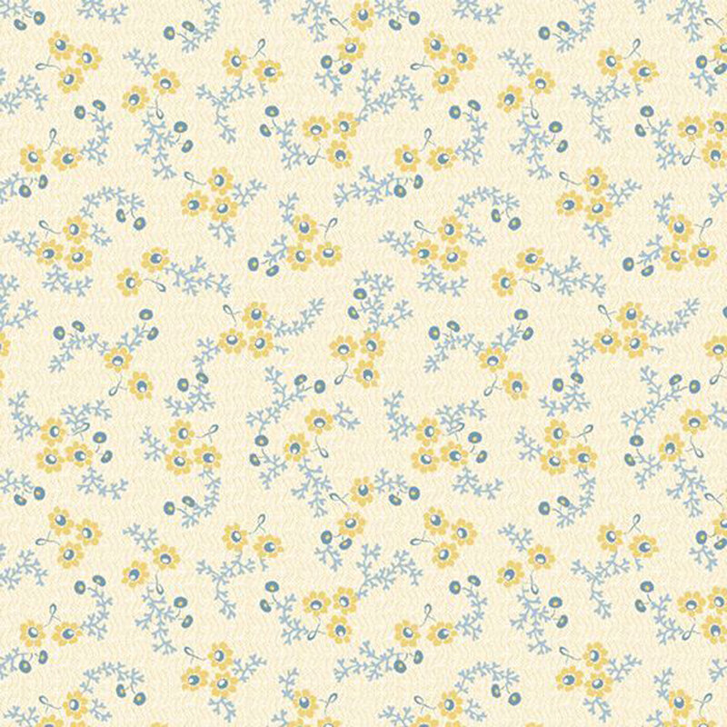 Fabric featuring small yellow flowers and blue leaves on a light cream background.