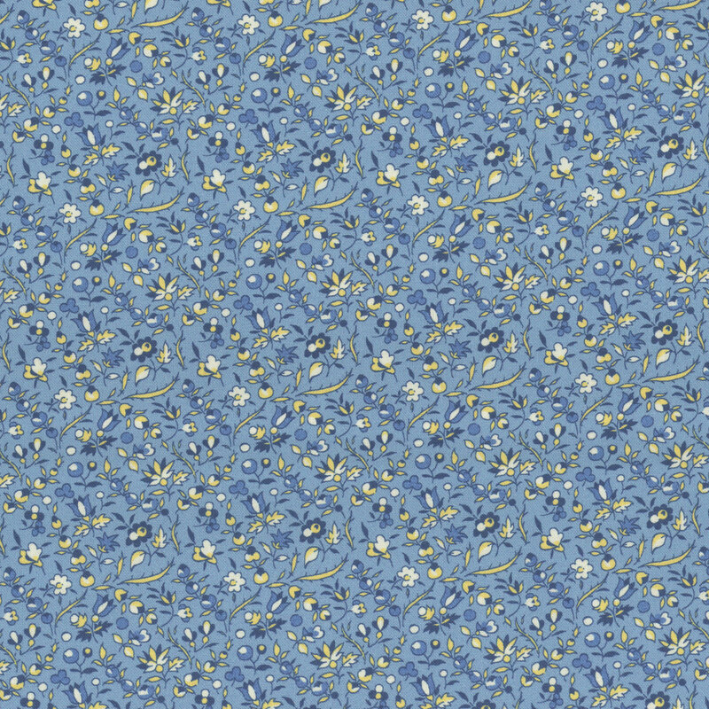 A repeating floral pattern on a blue background featuring yellow, white and blue flowers.