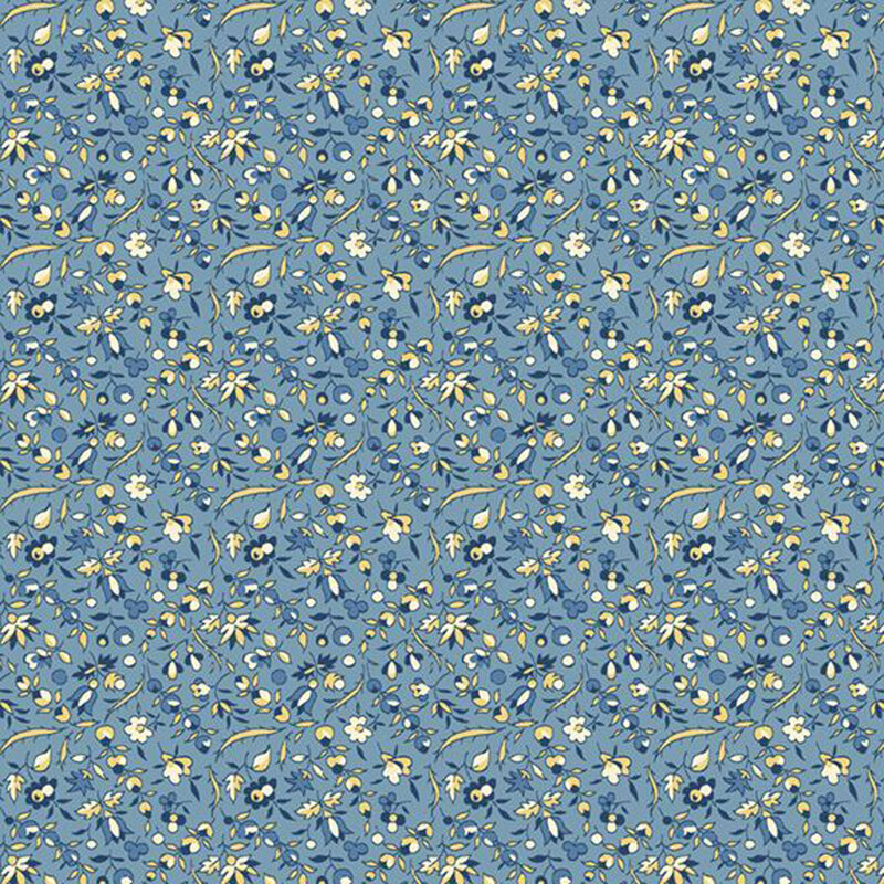 A repeating floral pattern on a blue background featuring yellow, white and blue flowers.