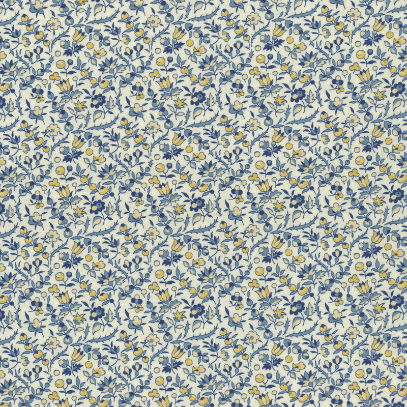 A repeating floral pattern on a cream background featuring yellow and blue flowers.