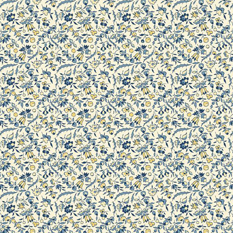 A repeating floral pattern on a cream background featuring yellow and blue flowers.