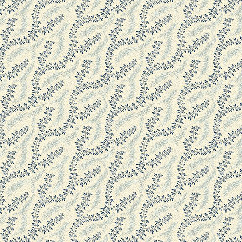 A repeating pattern of navy blue sprawling vines on a cream background