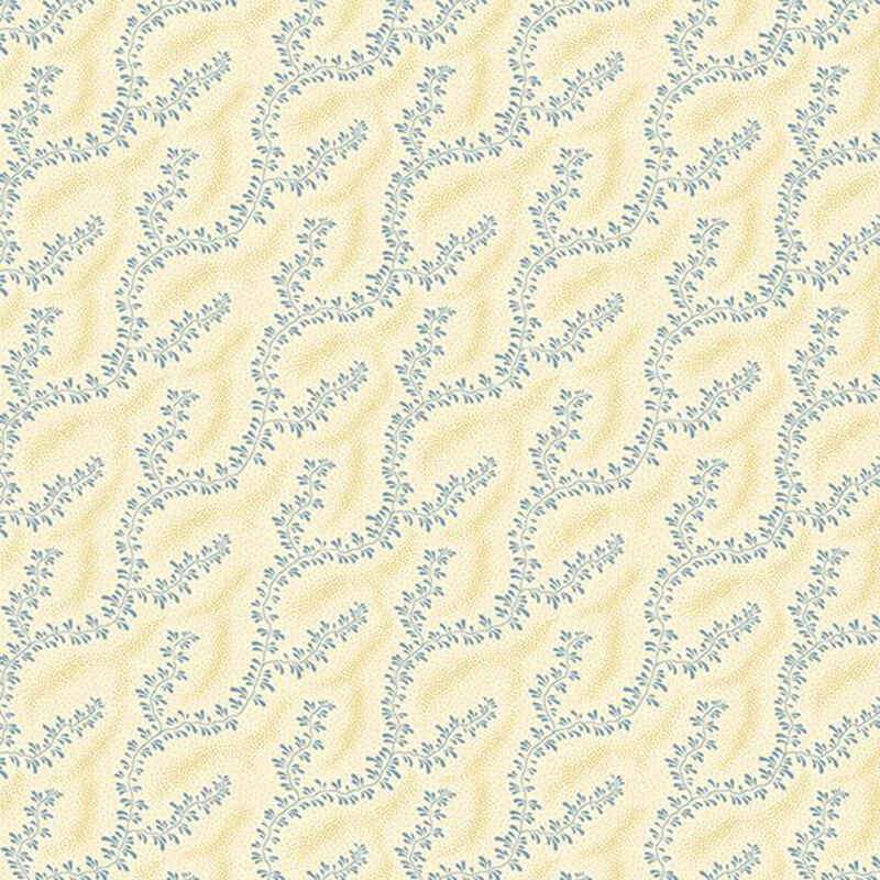 A repeating pattern of blue sprawling vines on a light cream background