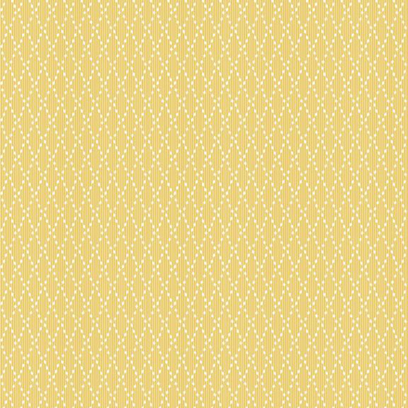 A textured yellow fabric with a repeating diamond pattern of small dots.