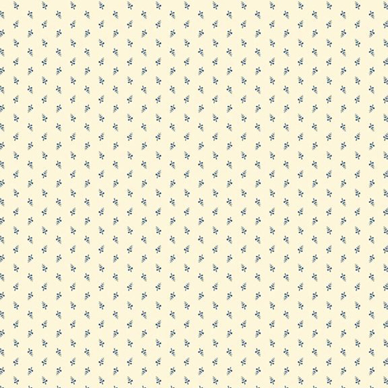 A repeating pattern of small blue sprigs on a cream background.