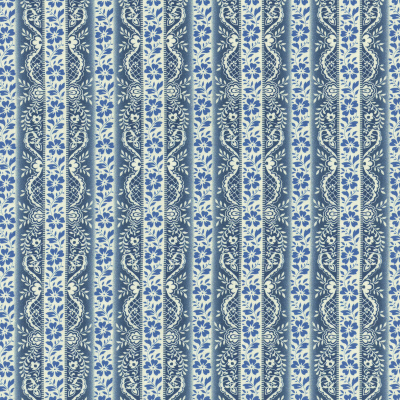 Repeating floral pattern in blue and cream, featuring intricate detailing and vertical stripes.