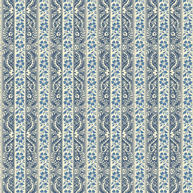 Repeating floral pattern in blue and cream, featuring intricate detailing and vertical stripes.