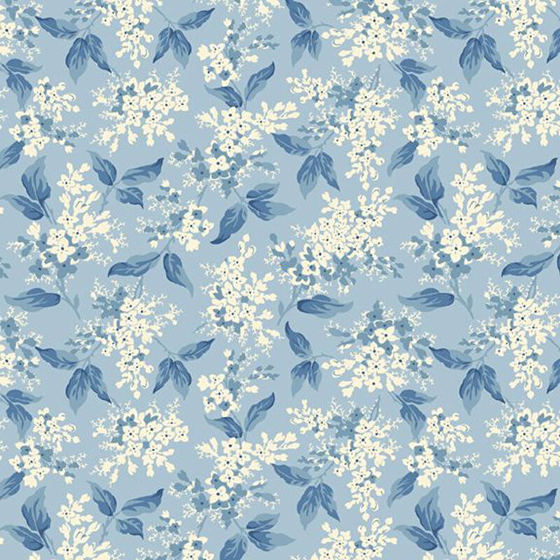 A floral pattern featuring cream flowers on a light blue background.